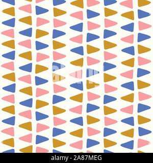 Sweet vector seamless repeat pattern of hand drawn small triangles in gold, pink and. blue. A fun abstract geometric repeat design background. Stock Vector
