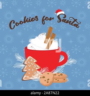 Christmas greeting card, winter invitation with red cup of hot drink. Cocoa or coffee decorated with cinnamone sticks, gingerbread cookie and fir tree Stock Vector