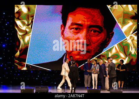 Los Angeles, USA. 5th Nov, 2019. Cast members of the films winning Golden Angel Award receive awards during the 15th Chinese American Film Festival (CAFF) and the Chinese American Television Festival (CATF) at the Saban Theater in Beverly Hills in Los Angeles County, California, the United States, Nov. 5, 2019 TO GO WITH: '15th Chinese American Film and TV Festival kicks off in Los Angeles' Credit: Qian Weizhong/Xinhua/Alamy Live News Stock Photo