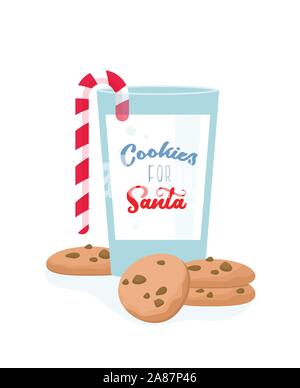 chocolate cookies for Santa and glass of milk. Christmas greeting card or invitation. Winter illustration Stock Vector