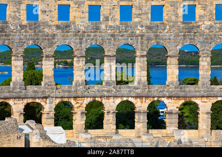 Arena in Pula, Croatia. Ruins of the best preserved Roman amphitheatre. UNESCO world heritage site. Image Stock Photo