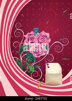 Greeting card with opened envelope and pink roses on dark pink background. Stock Vector