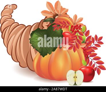 Traditional Thanksgiving horn of plenty, cornucopia cartoon illustration. Stock Vector