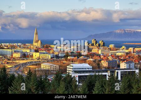 Cityscape, Reykjavik and Hallgrimskirkja in the evening, Reykjavik, Iceland Stock Photo