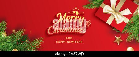 Merry christmas and happy new year greeting card banner template. Use for header website, cover, flyer. Stock Vector