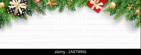 Christmas frame with copy space for text on white wooden background. Vector illustration decoration with fir branches and gift. Use for greeting card, Stock Vector