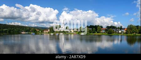 Frymburg, Friedberg with church St. Bartholomew at the Lipno reservoir, South Bohemia, Czech Republic Stock Photo