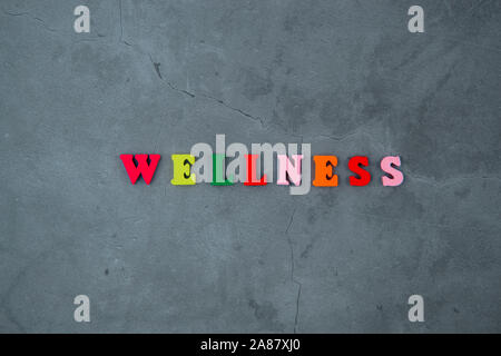 The multicolored wellness word is made of wooden letters on a grey plastered wall background Stock Photo