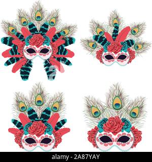 Carnival face mask decorated with roses and feathers. Stock Vector
