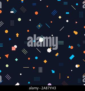 Abstract different geometric shapes pattern circles, triangles, lines, squares, hexagons bright and colorful color on dark background. Memphis style. Stock Vector