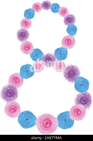 Number 8 made from blue, pink and violet flowers on white background. Stock Vector