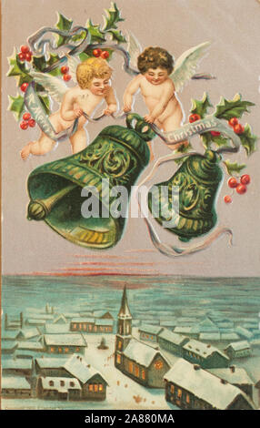 A colorful vintage Merry Christmas card with holly and bells, cherubs and a snow covered village,  sendt from New York USA ca 1910 Stock Photo