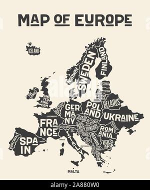 Europe, map. Poster map of the Europe with country names Stock Vector