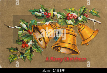 A colorful vintage Merry Christmas card with holly and bells sendt from New York USA ca 1910 Stock Photo