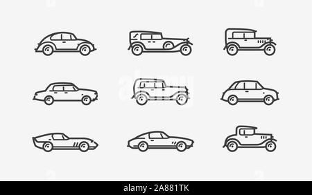 Retro car icon set. Transport, transportation symbol in linear style. Vector illustration Stock Vector