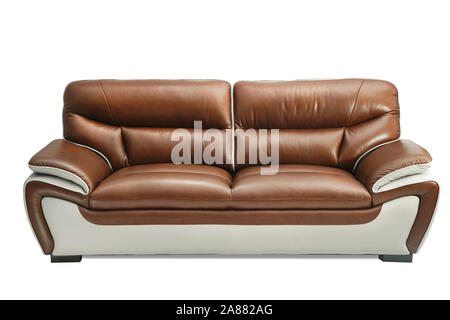 Light Brown leather sofa bench isolated on white background. Furniture showroom photography Stock Photo