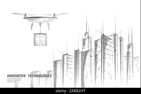 Drone shipping box low poly banner template. Regulation of unmanned aerial vehicles sky delivery. Private zone polygonal vector illustration Stock Vector