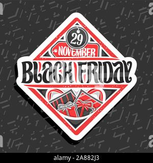 Vector logo for Black Friday, white sign board with shopping bags and red gift boxes, original brush typeface for words black friday, simple rhomb con Stock Vector