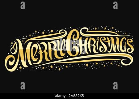 Vector greeting card for Merry Christmas, template with curly calligraphic font with flourishes, swirl design elements, stars and swirly elegant lette Stock Vector