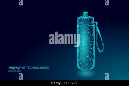 3D water fitness bottle polygonal banner. Aqua liquid package. Plastic isotonic electrolytes drink artesian drinking water. Low poly dark modern Stock Vector