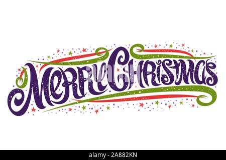 Vector greeting card for Merry Christmas, template with curly calligraphic font with flourishes, swirl design elements, stars and swirly elegant lette Stock Vector