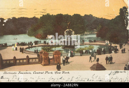 Vintage colorized post card of the Bethesda Fountain in Central Park New York USA sent in the mail in 1910, with written message on the front Stock Photo
