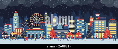 Colorful city with lights at Christmas, people are walking in the street and enjoying together the festive atmosphere at night, holiday and celebratio Stock Vector
