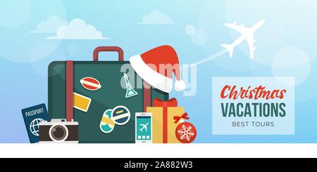Christmas holiday vacations around the world: suitcase with travel and festivity items, plane flying in the background Stock Vector