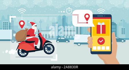 Contemporary Santa Claus riding a moped and delivering Christmas gifts, delivery app tracking in the foreground Stock Vector