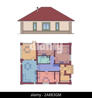 Architectural facade and plan of a house. The drawing of the cottage. Isolated on white background. Vector multicolored illustration EPS10 Stock Vector