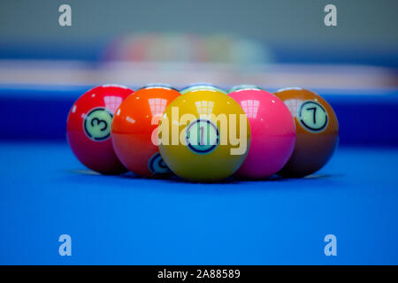 close up of Colorful snooker balls on blue frieze, pool balls on snooker table Stock Photo