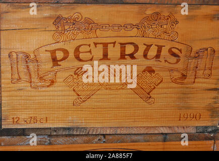 great wines, Petrus, in wine crate, Saint Emilion, Gironde, Nouvelle Aquitaine, France Stock Photo