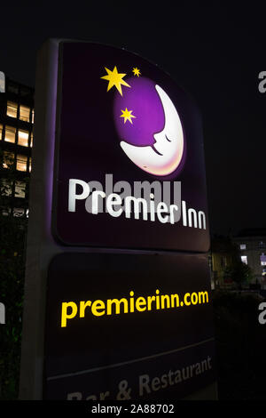 Premier Inn hotel signage on Putney Bridge, London, UK Stock Photo