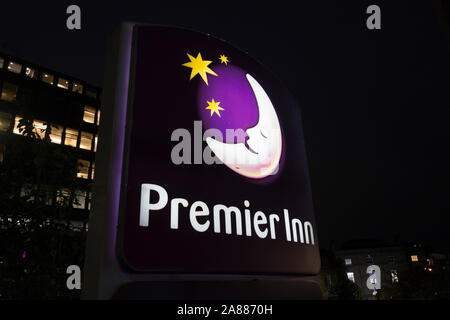Premier Inn hotel signage on Putney Bridge, London, UK Stock Photo