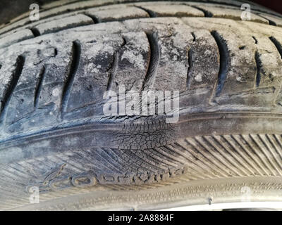 a bump on the tire, damage on the wheel Stock Photo