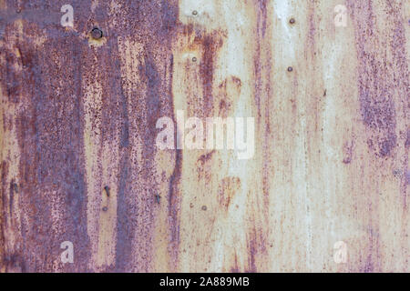 Grey corroded metal background. A rusty and scratched painted metal wall with nails and dents. Rusty metal background with streaks of rust . Stock Photo