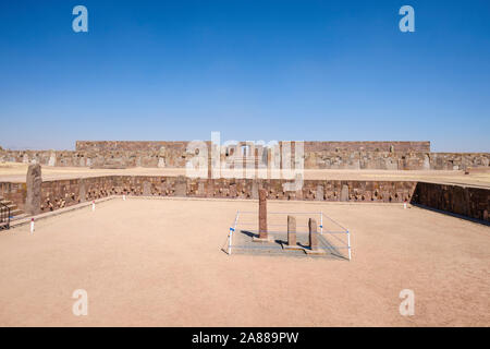 Scenic view of the Semi-underground Temple with the Kalasasaya Temple in the background at Tiwanaku Archeological Complex, Bolivia Stock Photo