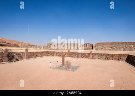 Scenic view of the Semi-underground Temple with the Kalasasaya Temple in the background at Tiwanaku Archeological Complex, Bolivia Stock Photo