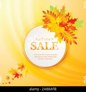 Advertising discount banner with fallen leaves. Autumn sale hand drawn. Vector illustration Stock Vector
