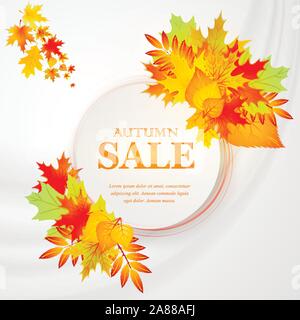 Advertising discount banner with fallen leaves. Autumn sale hand drawn. Vector illustration Stock Vector