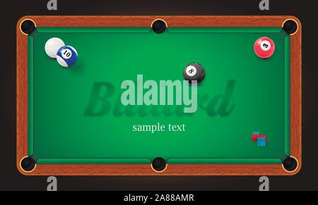 Billiard poster. Pool table background illustration with billiard balls and billiard chalk Stock Vector