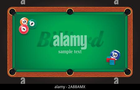 Billiard poster. Pool table background illustration with billiard balls and billiard chalk Stock Vector