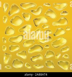 Realistic drops of a rain on a yellow background in the form of glass. Abstract set. Vector illustration. Stock Vector