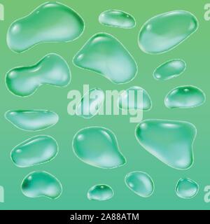 Realistic drops of a rain on a green background in the form of glass. Abstract set. Vector illustration. Stock Vector