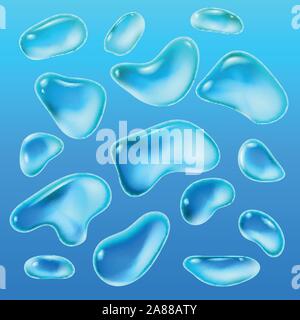 Realistic drops of a rain on a blue background in the form of glass. Abstract set. Vector illustration. Stock Vector