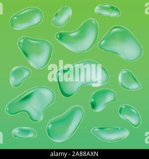 Realistic drops of a rain on a green background in the form of glass. Abstract set. Vector illustration. Stock Vector
