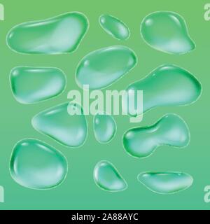 Realistic drops of a rain on a green background in the form of glass. Abstract set. Vector illustration. Stock Vector