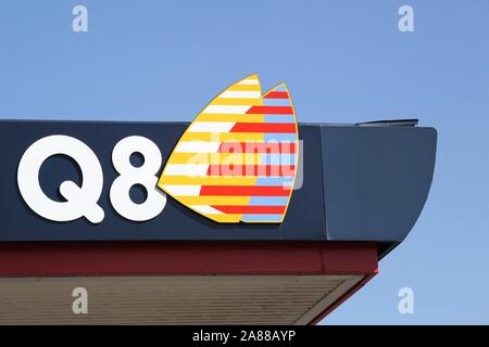 Risskov, Denmark - May 11, 2019: Q8 logo on a gas station. Kuwait Petroleum International, known by the Q8 brand Stock Photo