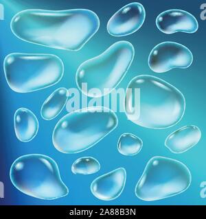 Realistic drops of a rain on a blue background in the form of glass. Abstract set. Vector illustration. Stock Vector