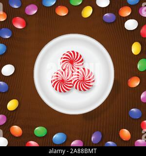 Colored candies, sweets and lollipops. On a brown wooden background. View from above. Stock Vector